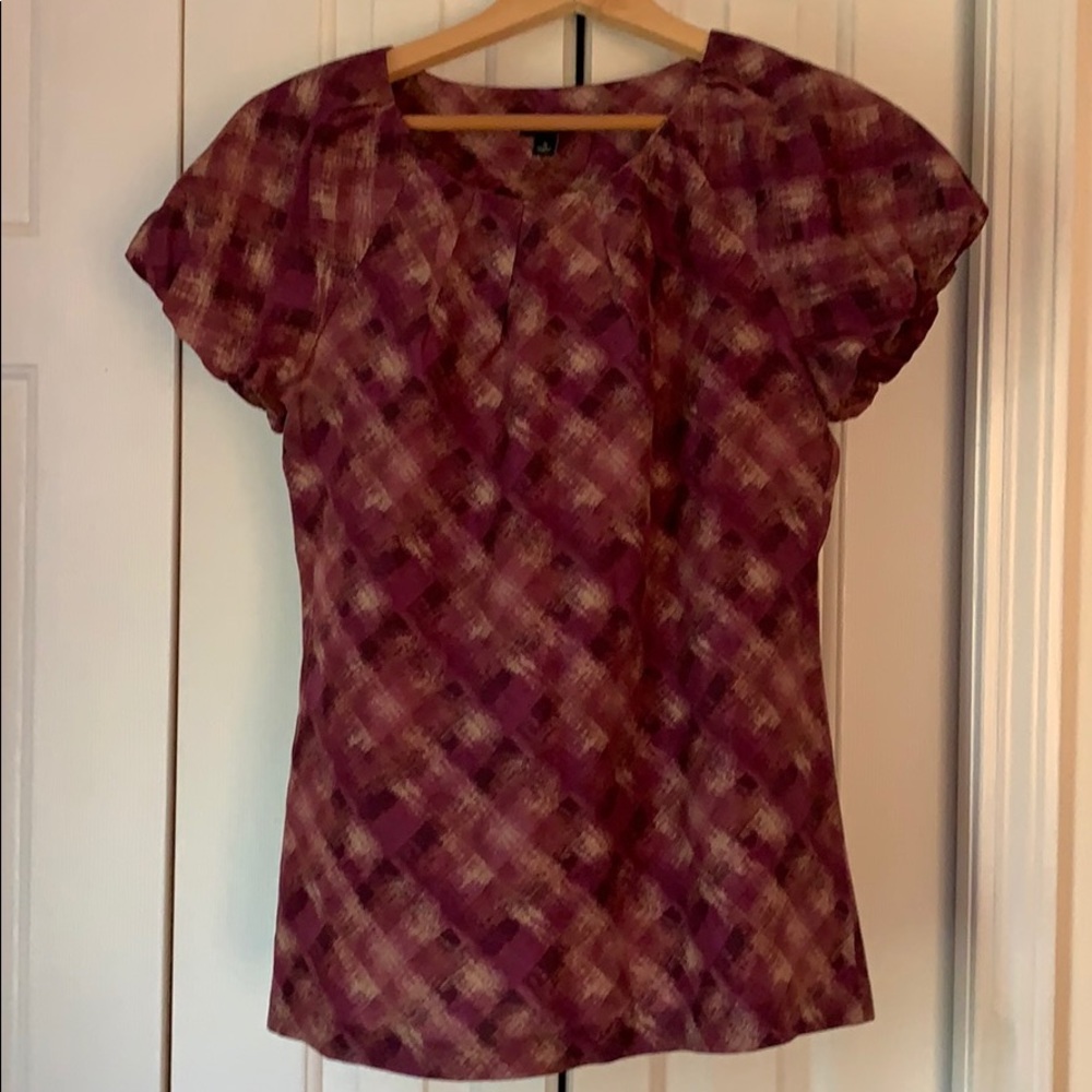 Ann Taylor 100% silk purple, cream blouse size S